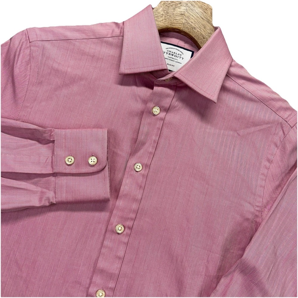 Charles Tyrwitt Dress Shirt‎ Mens 14.5/33  Slim Fit Pink Herringbone Button Up